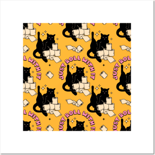 Roll with it Black Cat Pattern in yellow Posters and Art